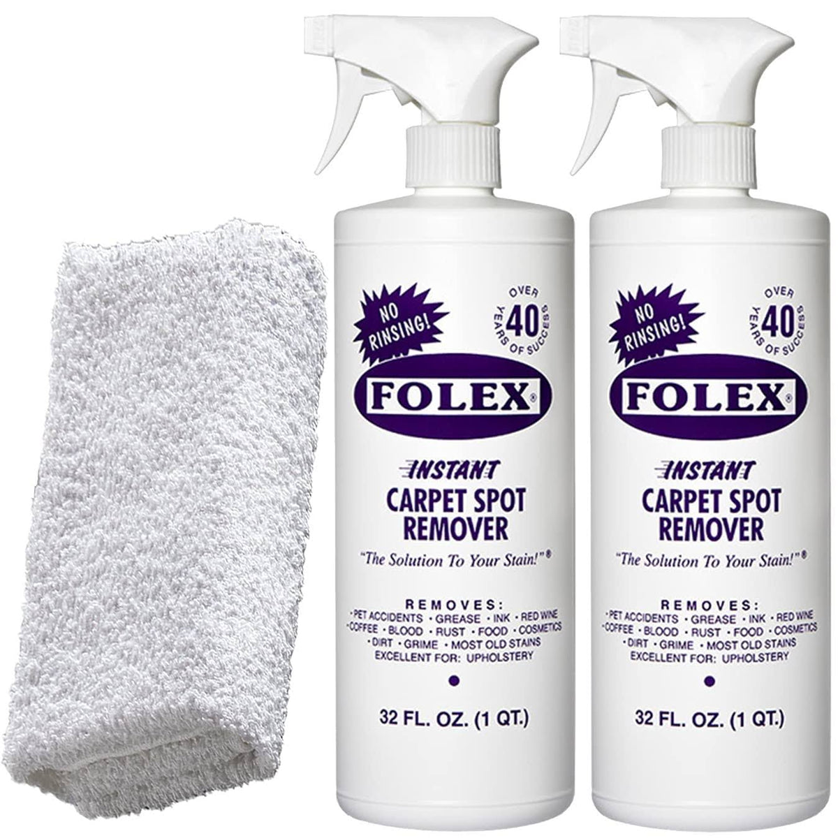 2 Bottles of Folex Instant Carpet Spot Remover + 1 Daley Mint Cleaning Cloth | Instant Rug, Upholstery, and Spot Carpet Stain Remover Kit, 32oz