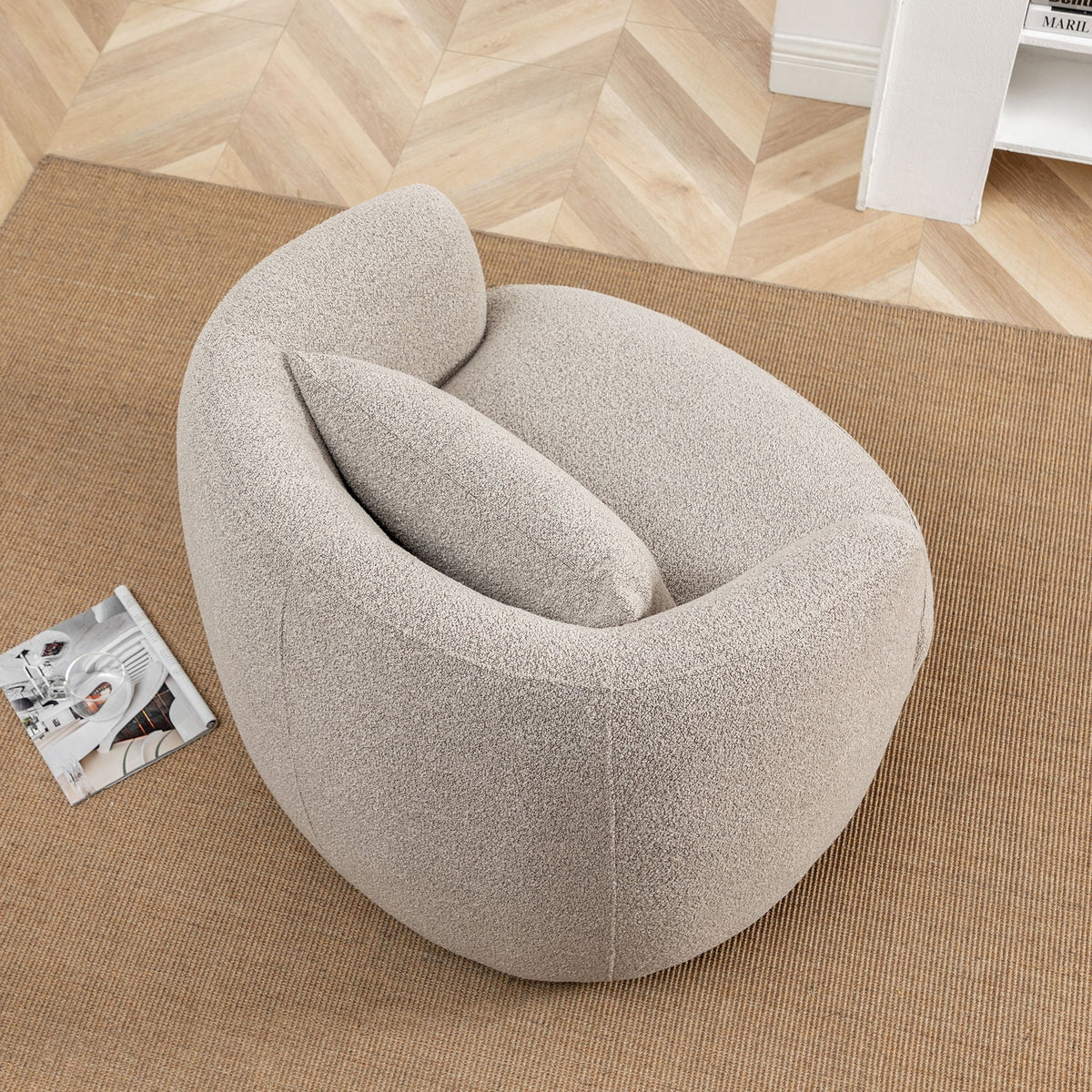 34" Wide Boucle Swivel Barrel Chair, No Assembly Round Upholstered Armchair Accent Chair Single Sofa Chair with Toss Pillow for Living Room and Bedroom, Taupe
