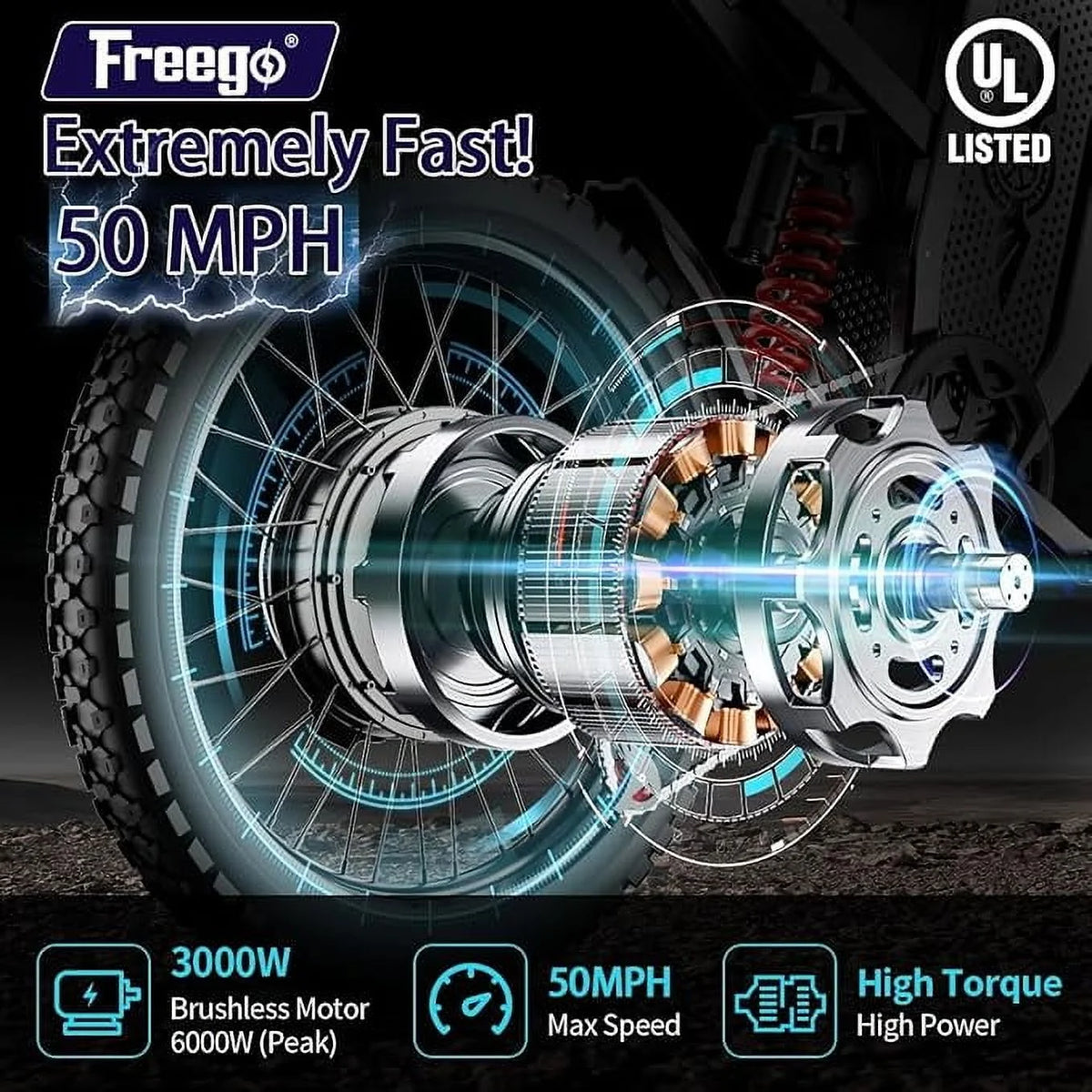 6000W(Peak) Motor 60V/30ah Battery Freego X2pro Electric Motorcycle for Adults, Electric Bike, 50MPH/7 Speed Off Road Electric Bicycle, 19x2 Full Suspension/Four - Piston Hydraulic Brake UL2849MTB