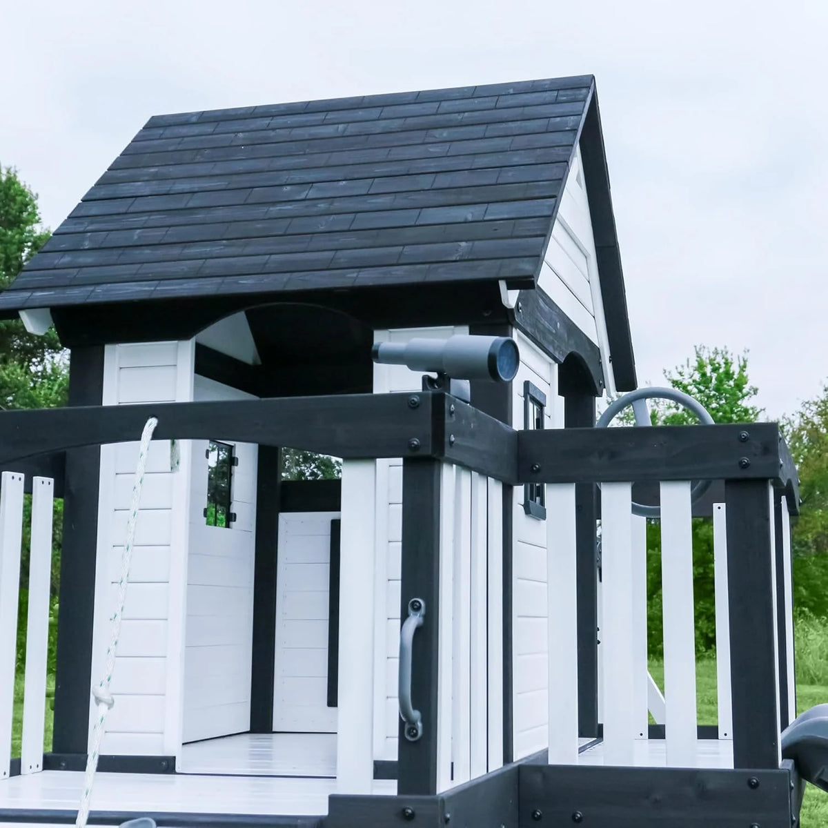 Backyard Discovery Canyon Creek Cedar Wood Swing Set with Wave Slide, Clubhouse, Play Kitchen, Picnic Area, Belt Swings, Web Swing, Rock Wall, Balconies, Playhouse, Step Ladder, Outdoor Playset