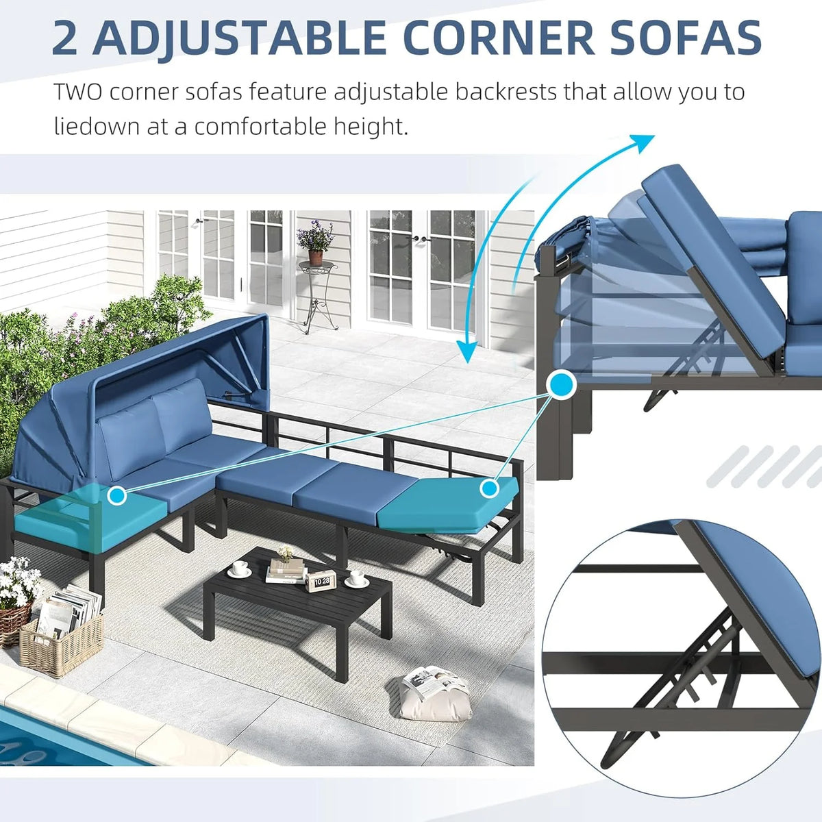 AECOJOY Patio Furniture Set with Retractable Canopy&2 Adjustable Backrests, Outdoor Conversation Set, Dark Blue
