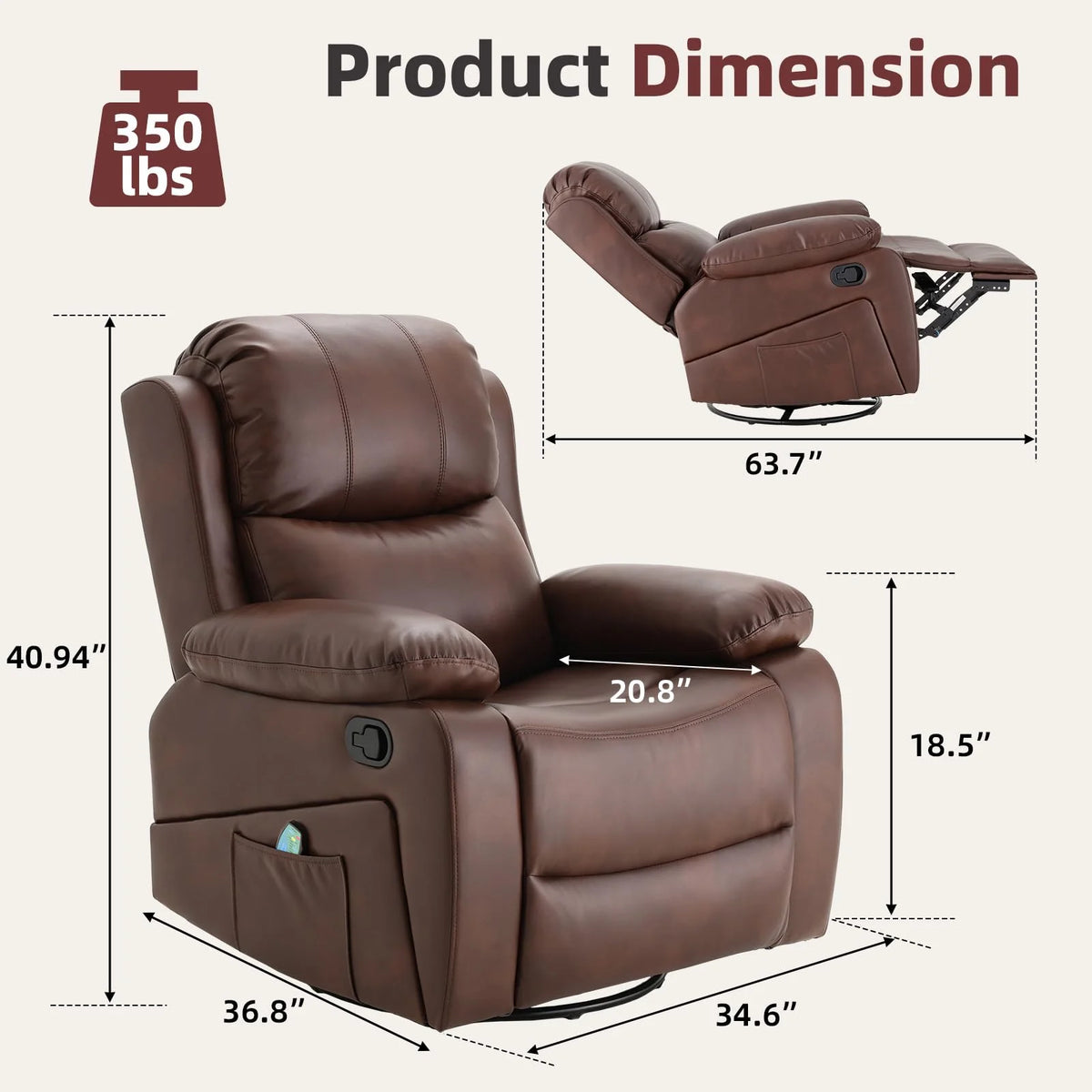 AECOJOY 360° Swivel Recliner Chair with Massage and Heat, Manual Reclining Leather Recliner Chair, Brown