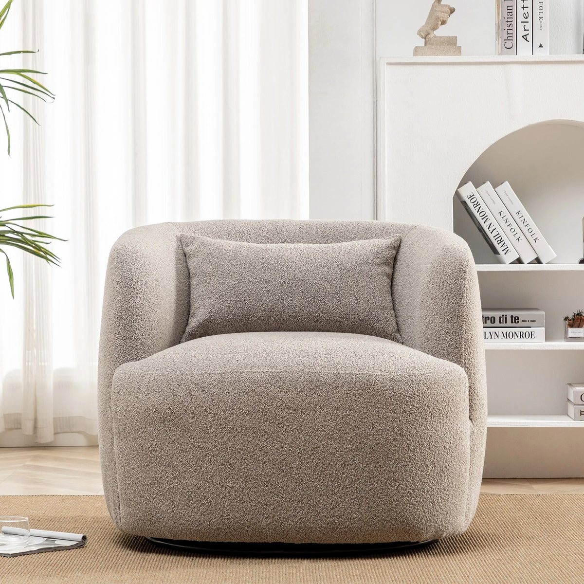 34" Wide Boucle Swivel Barrel Chair, No Assembly Round Upholstered Armchair Accent Chair Single Sofa Chair with Toss Pillow for Living Room and Bedroom, Taupe