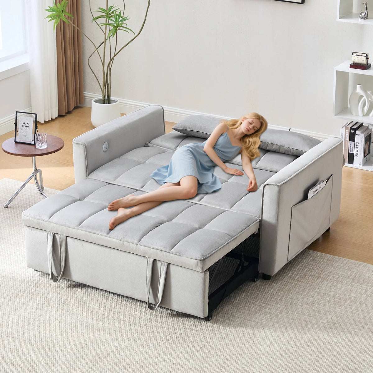 Velvet 3 - in - 1 Convertible Sofa Bed - USB Charging, Adjustable Backrest Pull - Out Couch Loveseat Sleeper for Living Room, Apartment & Small Space, Black