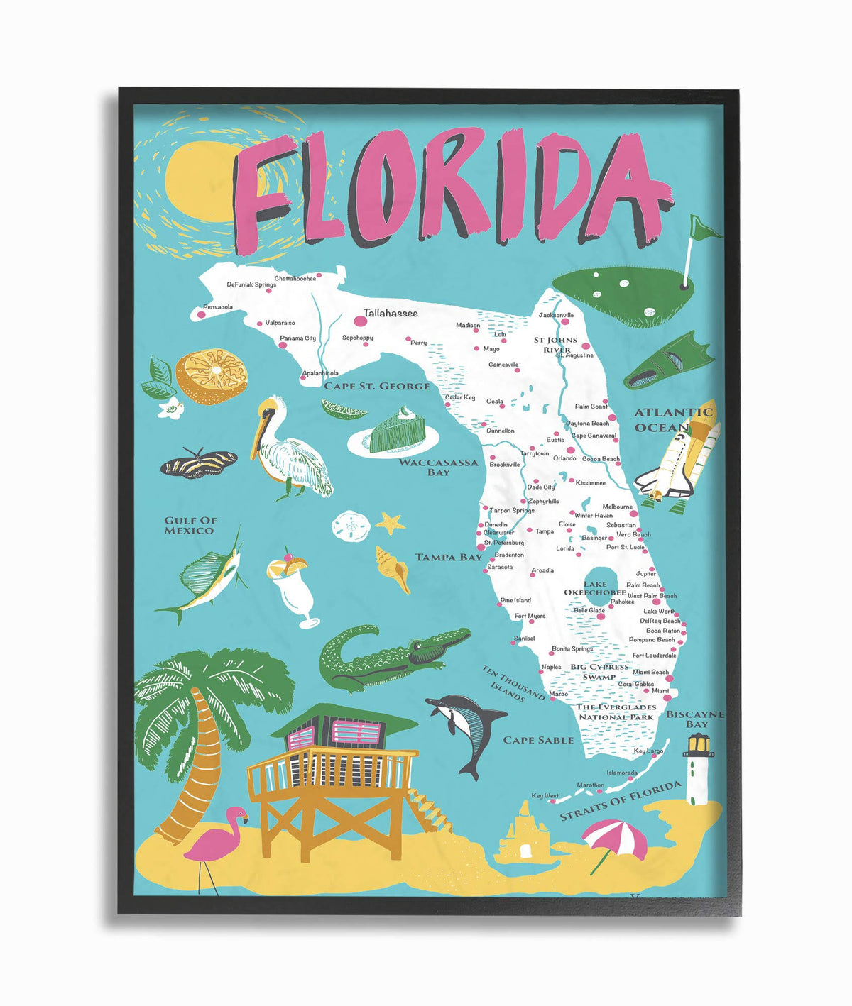 The Stupell Home Decor Collection Florida Teal Blue and Pink Illustrated scenic Map Poster Framed Giclee Texturized Art