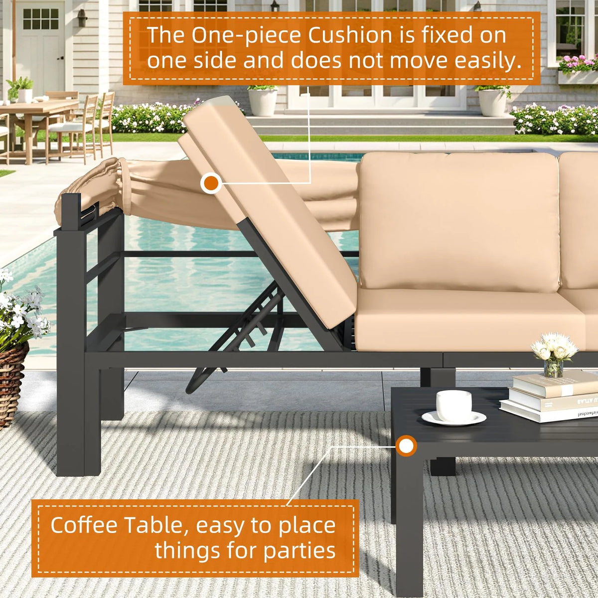 AECOJOY Patio Furniture Set with Retractable Canopy&2 Adjustable Backrests, Outdoor Conversation Set, Beige