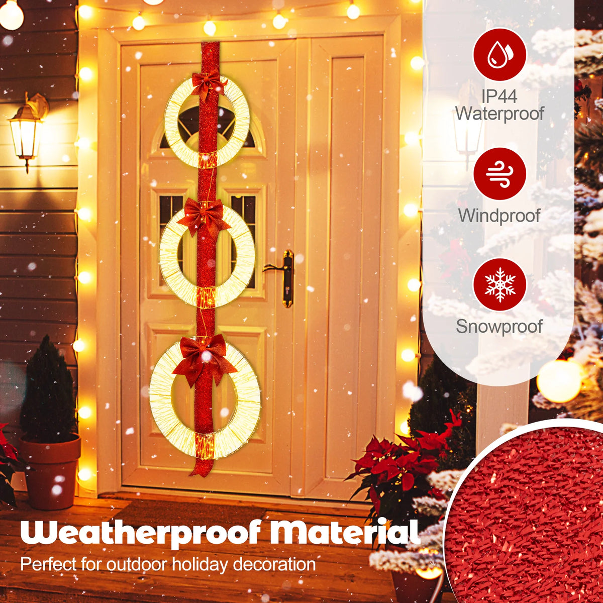 Tangkula Set of 3 Christmas Lighted Wreaths, Pre-Lit Metal Wreaths on Red Ribbon w/ 450 Warm White LED Lights & Bows
