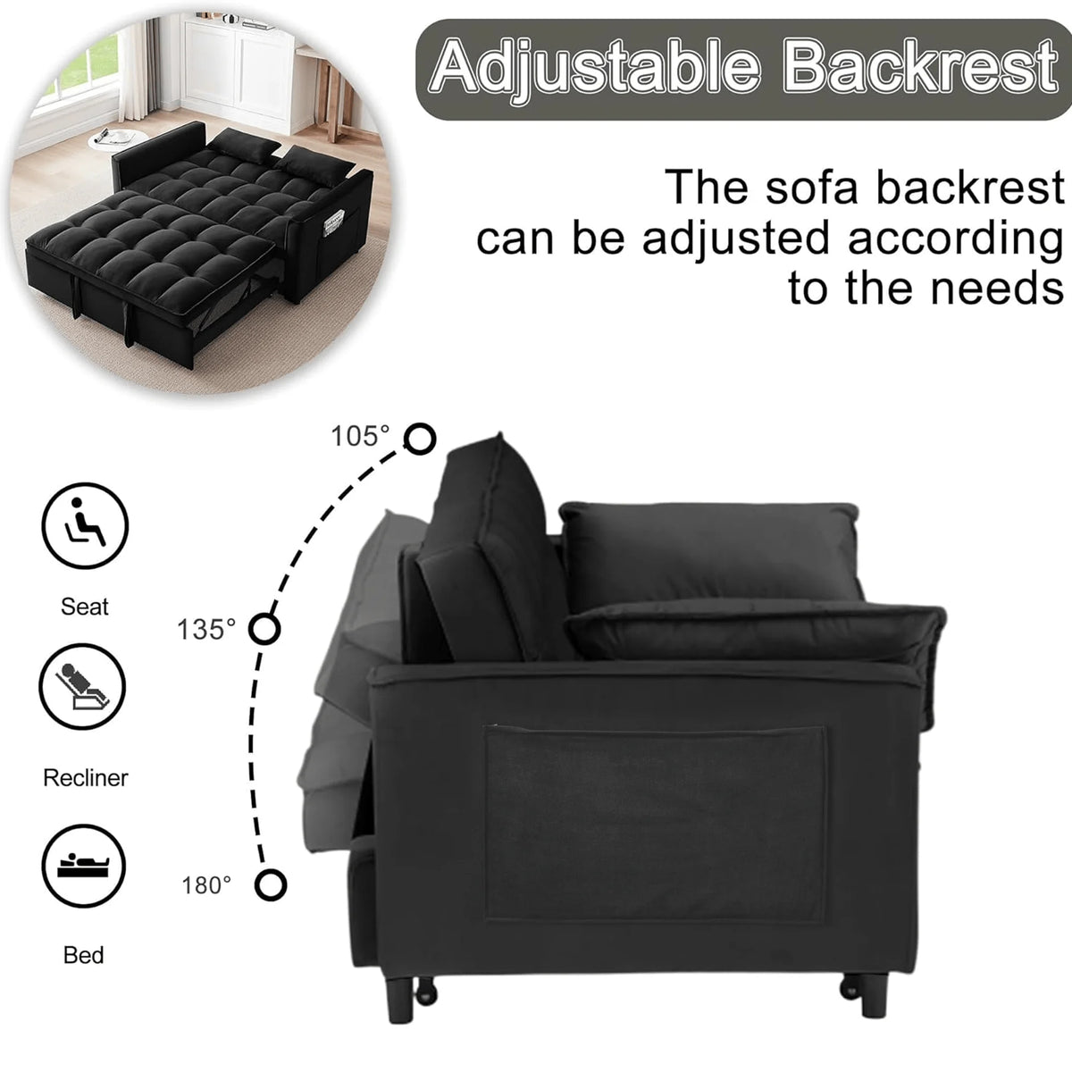 Velvet 3 - in - 1 Convertible Sofa Bed - USB Charging, Adjustable Backrest Pull - Out Couch Loveseat Sleeper for Living Room, Apartment & Small Space, Black