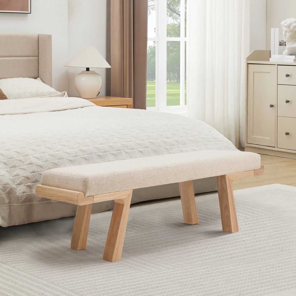 Zesthouse 47.4" Linen Upholstered Bench, Entryway Bench with Solid Wood Legs, Modern Ottoman Bench for Living Bedroom Room, Beige