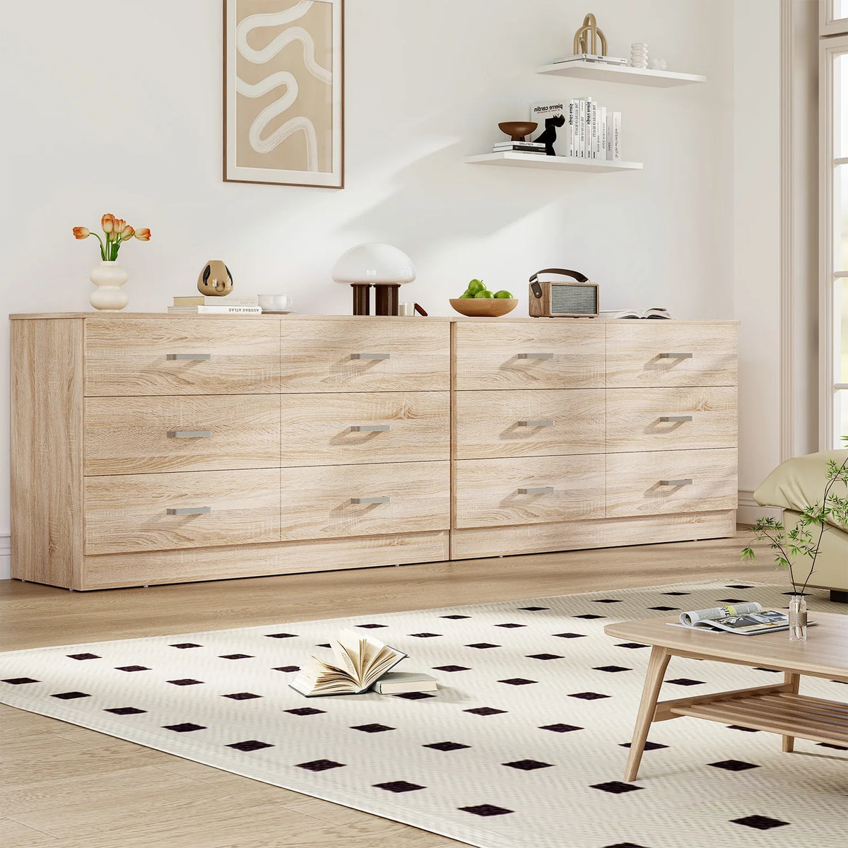 Winkalon 6 Drawer Oak Double Dresser, Wood Storage Cabinet with Easy Pull Out Handles for Living Room, Chest of Drawers for Bedroom