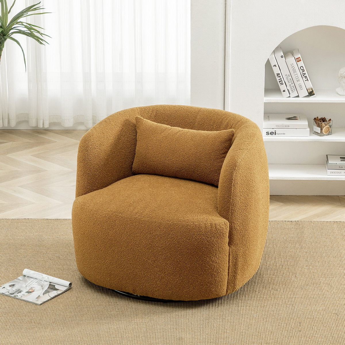 34" Wide Boucle Swivel Barrel Chair, No Assembly Round Upholstered Armchair Accent Chair Single Sofa Chair with Toss Pillow for Living Room and Bedroom, Taupe