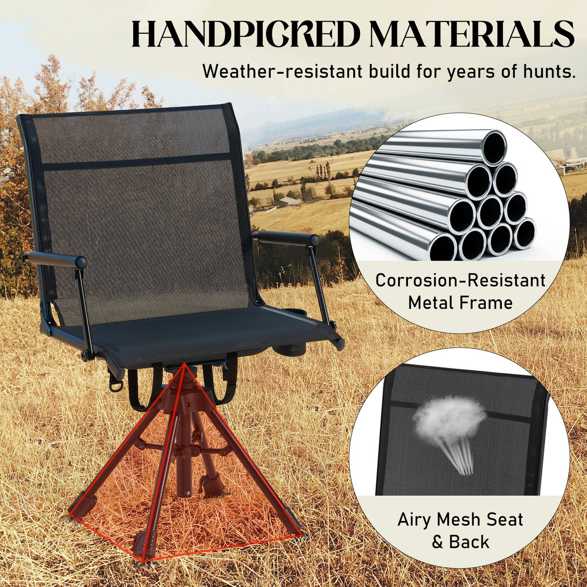 AECOJOY No Cushion Hunting Chair, Durable Metal Frame, Silent Swivel for Outdoor Shooting & Fishing