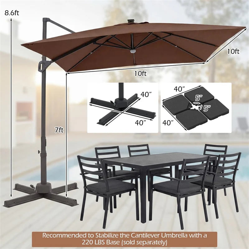 10 FT Cantilever Patio Umbrella with 32 Solar LED Lights, 360° Rotation & Easy Tilt, Square Outdoor Offset Hanging Umbrella with Cross Base
