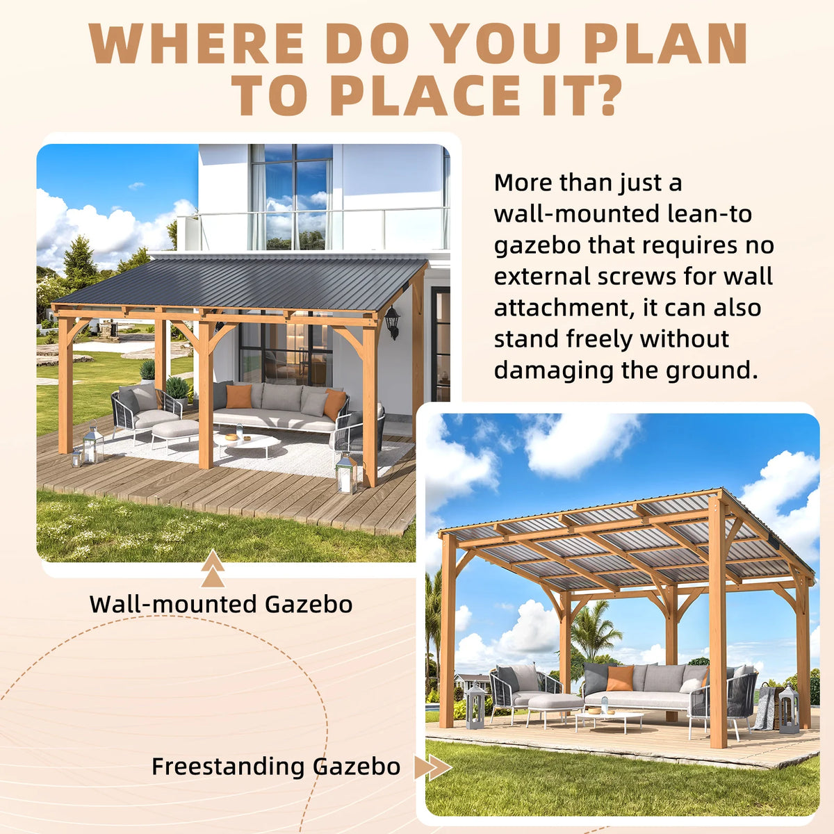 AECOJOY 14' x 10' Outdoor Wooden Gazebo, Patio Lean to Hardtop Pergolas and Gazebos