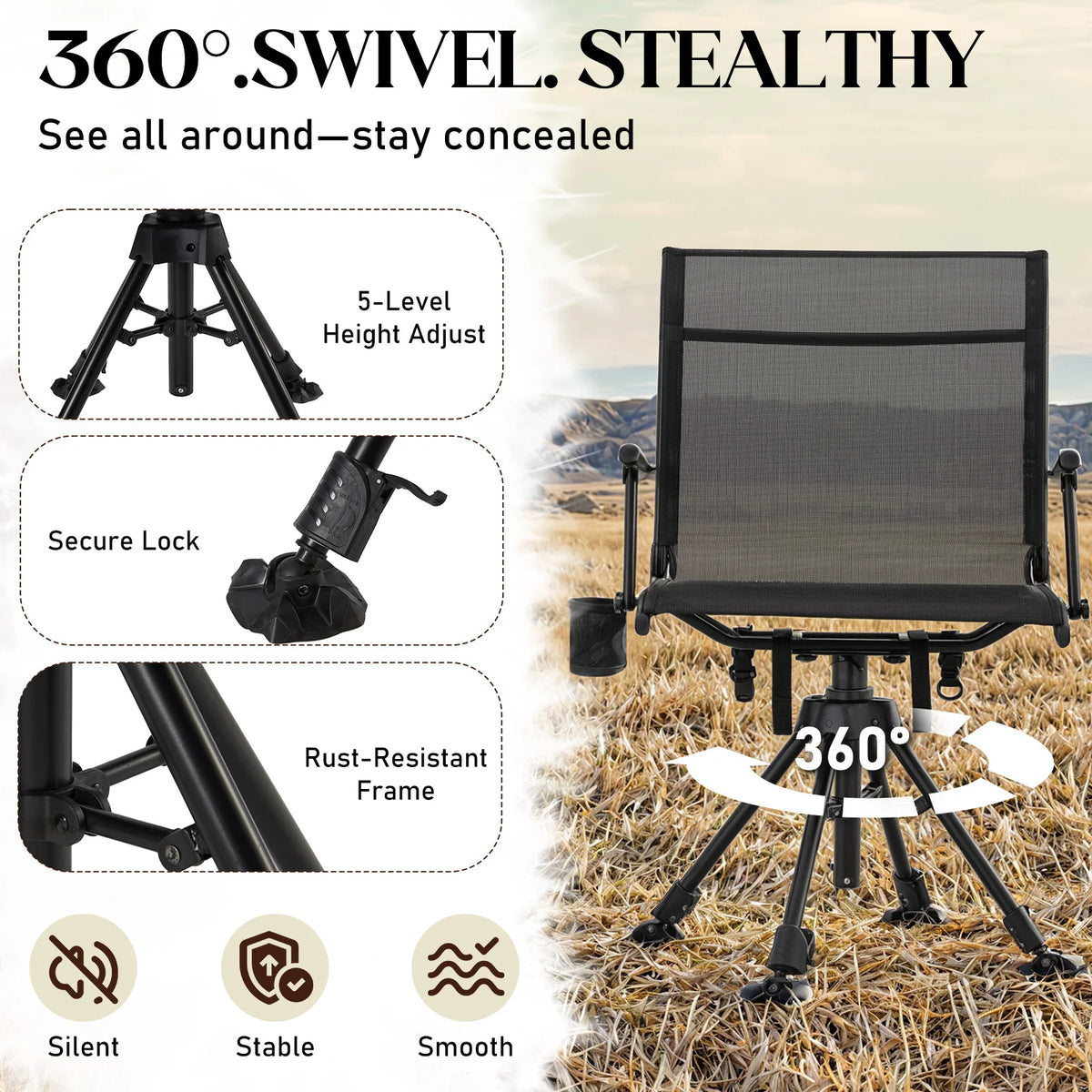 AECOJOY No Cushion Hunting Chair, Durable Metal Frame, Silent Swivel for Outdoor Shooting & Fishing