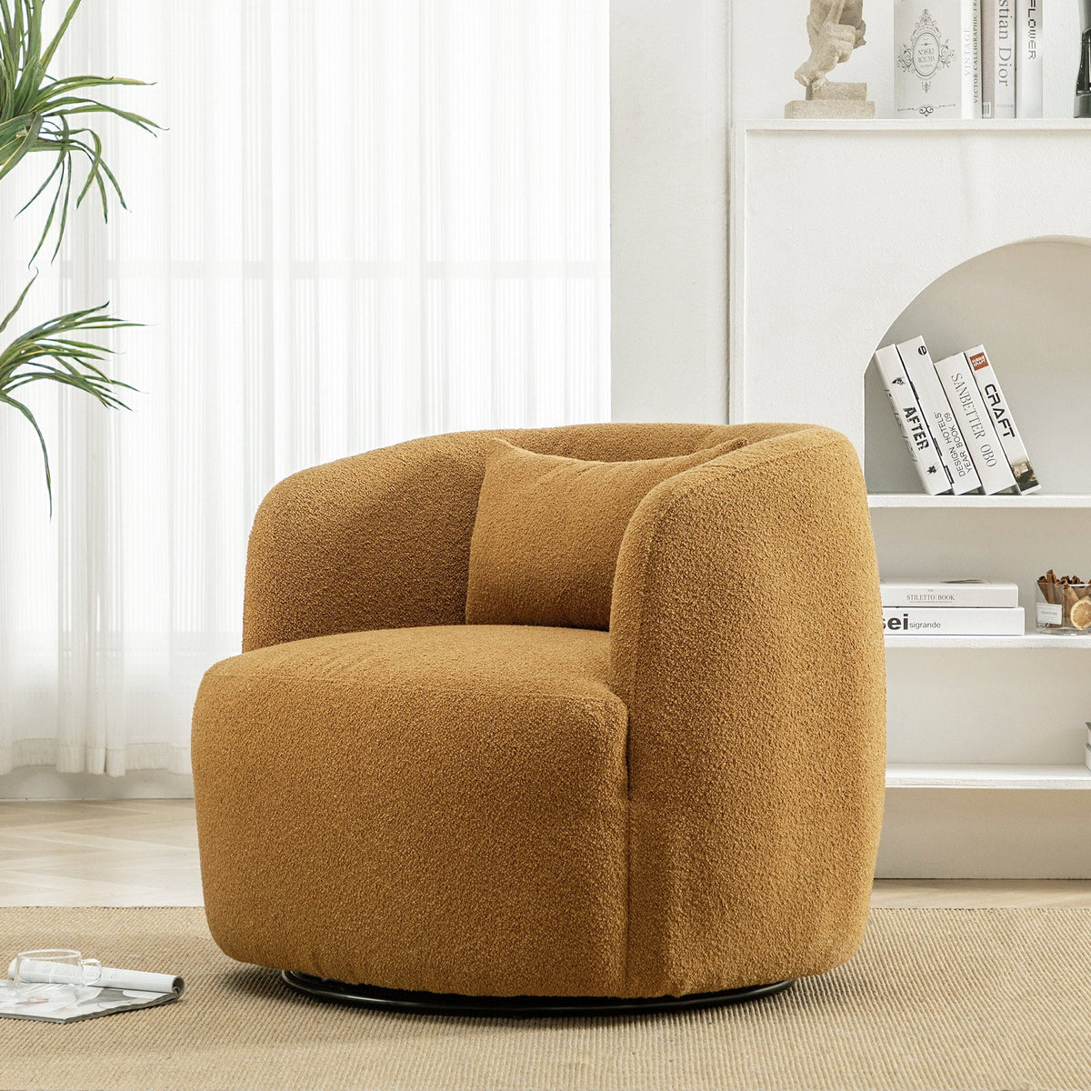 34" Wide Boucle Swivel Barrel Chair, No Assembly Round Upholstered Armchair Accent Chair Single Sofa Chair with Toss Pillow for Living Room and Bedroom, Taupe