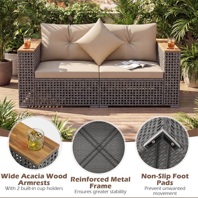 62.5" Patio Wicker Loveseat w/ Acacia Wood Armrests & Cup Holders, 2PCS Modular Rattan Corner Sectional Sofa w/ Cushions & Pillows for Backyard