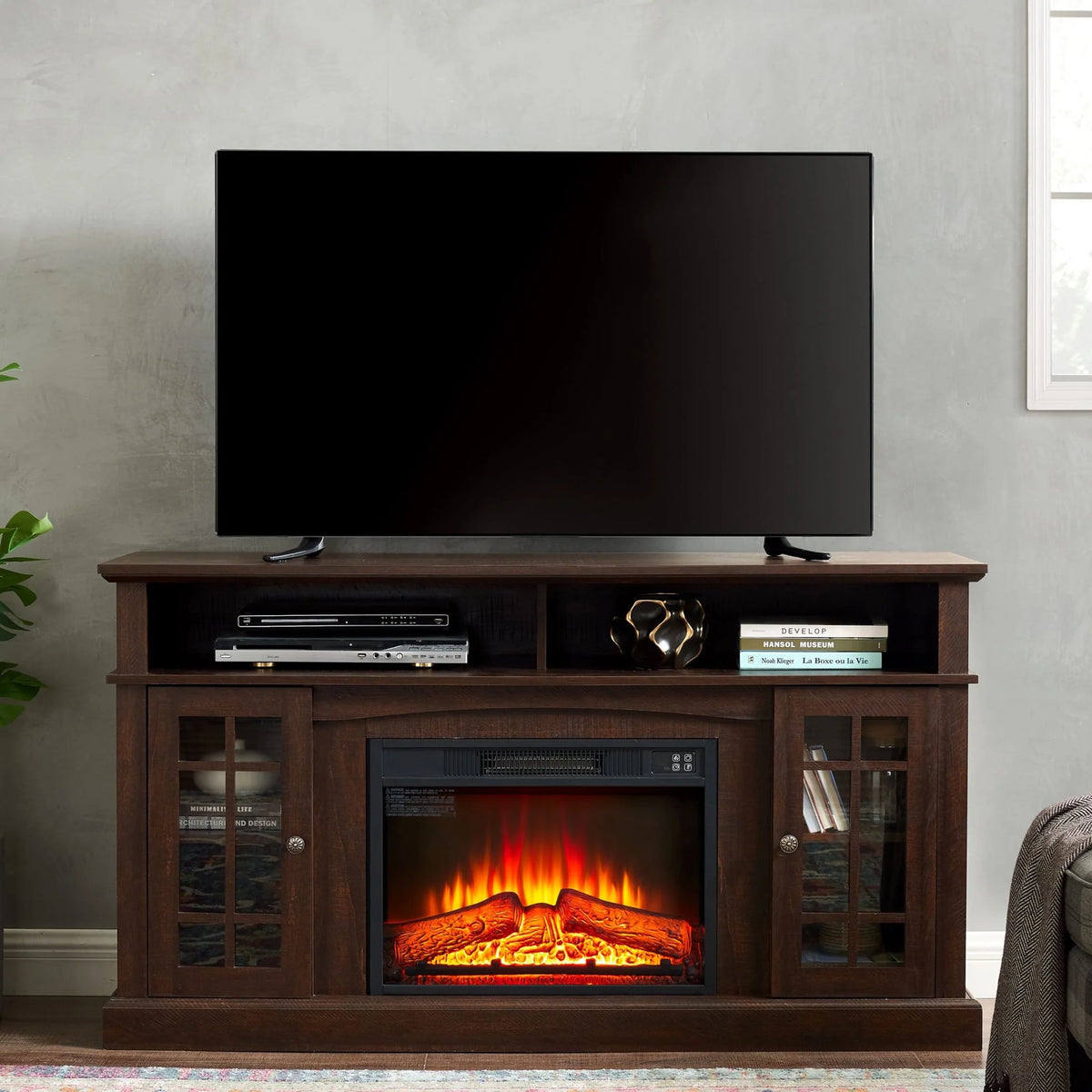 Sesslife Electric Fireplace TV Stand with Remote Control for 65 in TV, Farmhouse TV Console Table with Open Storage Shelves & 2 Cabinets, Wooden Media Entertainment Center for Living Room, Gray