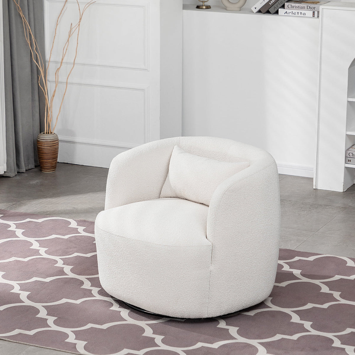34" Wide Boucle Swivel Barrel Chair, No Assembly Round Upholstered Armchair Accent Chair Single Sofa Chair with Toss Pillow for Living Room and Bedroom, Taupe