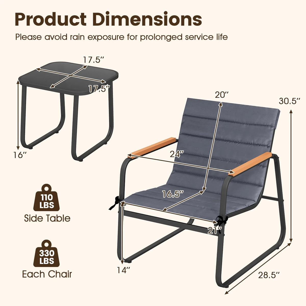Tangkula 3 Pieces Patio Bistro Set Outdoor Fabric Conversation Set