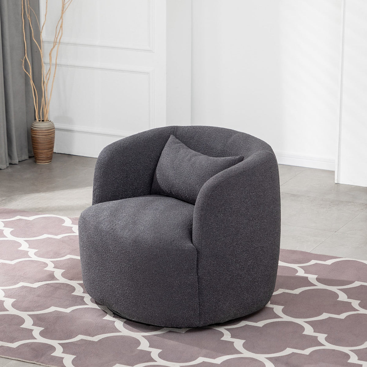 34" Wide Boucle Swivel Barrel Chair, No Assembly Round Upholstered Armchair Accent Chair Single Sofa Chair with Toss Pillow for Living Room and Bedroom, Taupe