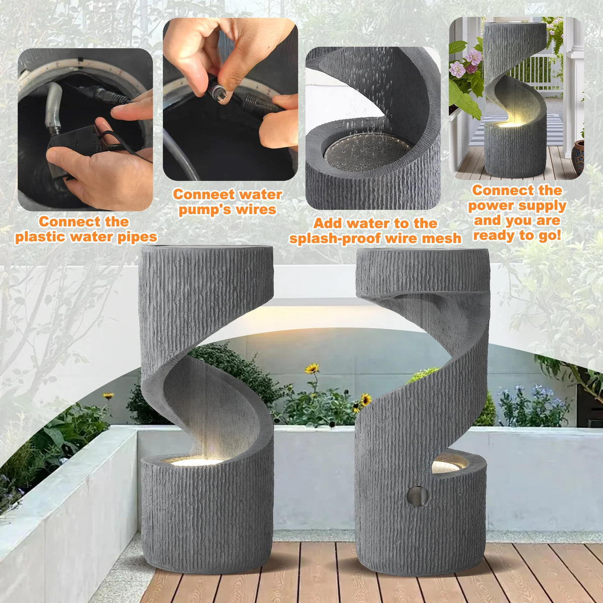 Magic Union Outdoor S - Shaped Water Fountain, Spiral Waterfall Indoor Fountain Outside Garden Decor with LED Lights & Pump, Curved Patio Resin Fountains for Yard, Deck, Porch and Home Decorations