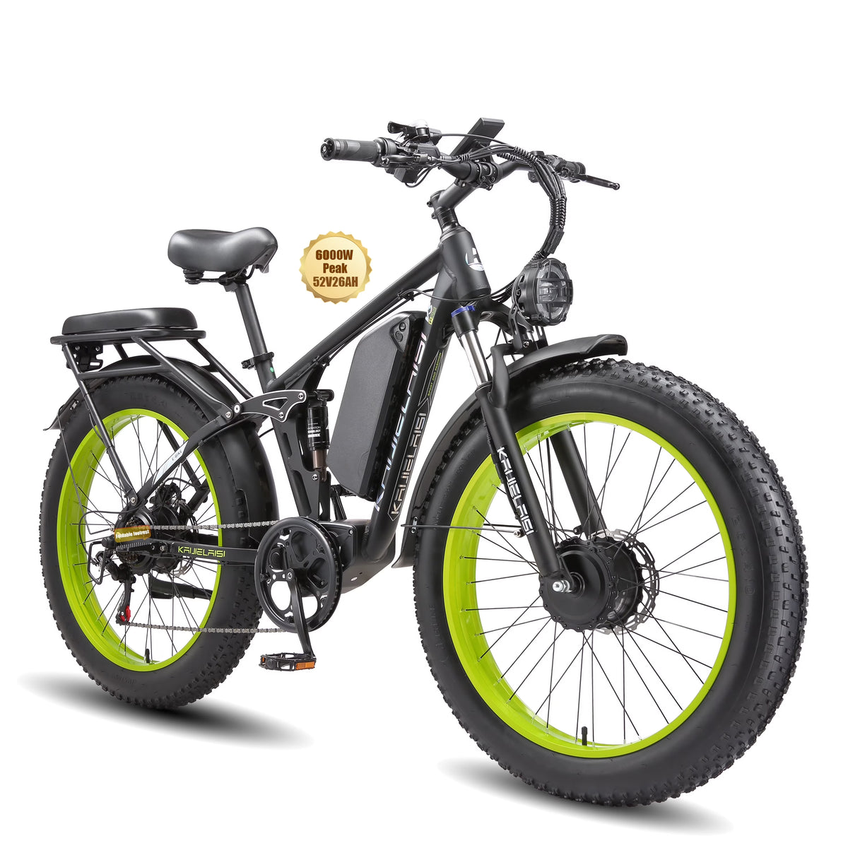 KAIJIELAISI Electric Bike for Adults, AWD Ebikes Dual Motor Peak 6000W, 26'' Fat Tire Bikes with 52V 26AH Battery Hydraulic Brake ??electric Bicycle, 7 Speed Mountain Ebike UL 2849