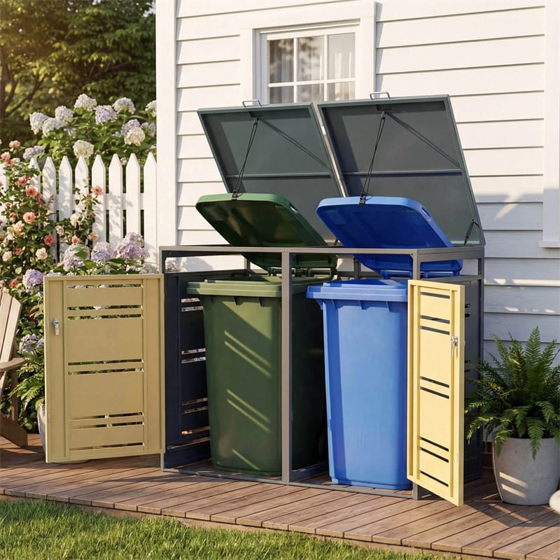 44 Cu.Ft Outdoor Metal Trash Can Storage Shed for 2 Bins, Double Garbage Can Enclosure with Gas Strut, Shock Absorber & Lockable Doors
