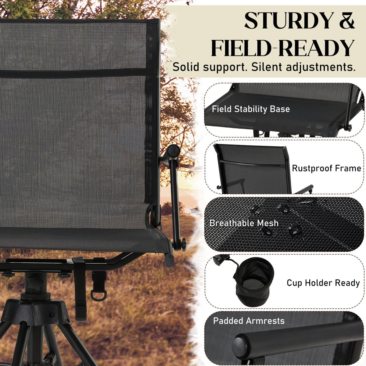 AECOJOY No Cushion Hunting Chair, Durable Metal Frame, Silent Swivel for Outdoor Shooting & Fishing