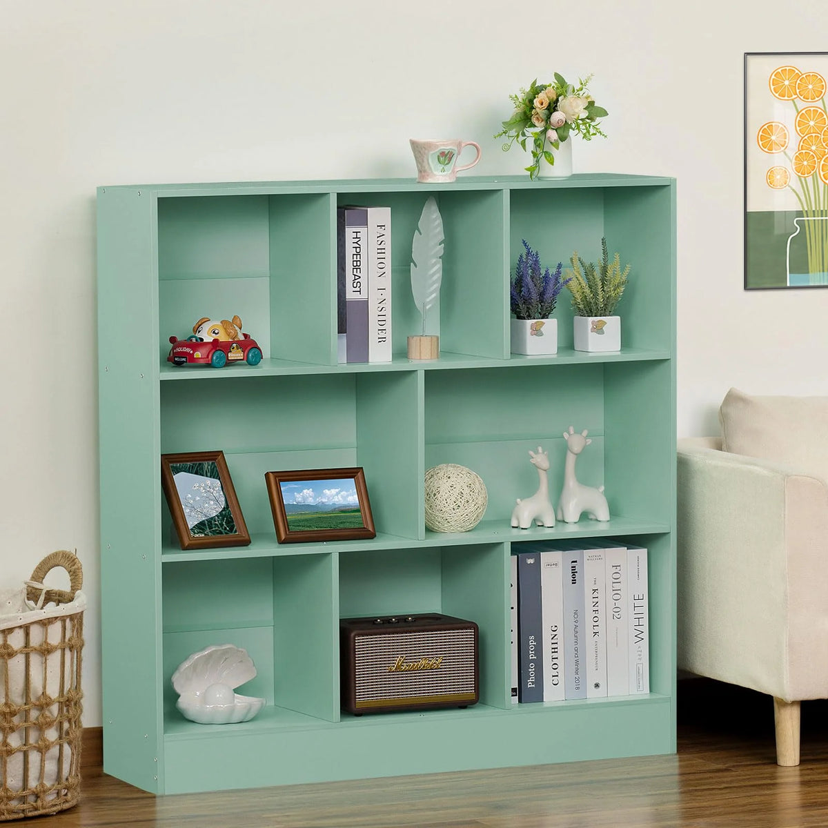 8 Cube Bookshelf with Base, 3 Tier Modern Mint - Green Bookcase, Standing Wide Bookshelves Storage Organizer Toy Shelf, Wood Display Children'S Book Shelves for Bedroom, Living Room, Nursery