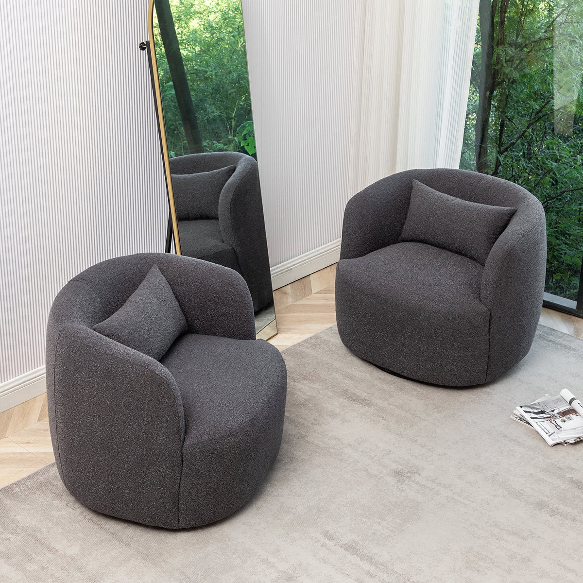 34" Wide Boucle Swivel Barrel Chair, No Assembly Round Upholstered Armchair Accent Chair Single Sofa Chair with Toss Pillow for Living Room and Bedroom, Taupe