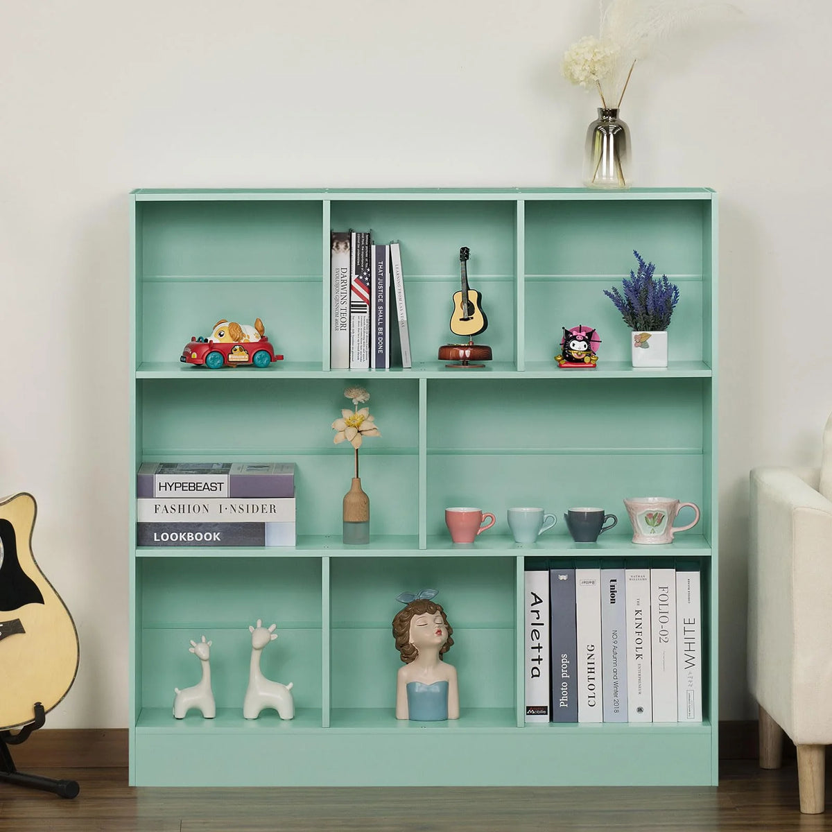 8 Cube Bookshelf with Base, 3 Tier Modern Mint - Green Bookcase, Standing Wide Bookshelves Storage Organizer Toy Shelf, Wood Display Children'S Book Shelves for Bedroom, Living Room, Nursery