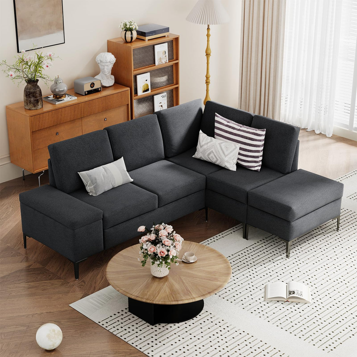 AECOJOY 87" Sectional Couch with Ottoman, Convertible Corner Couches with Armrest Storage, Black