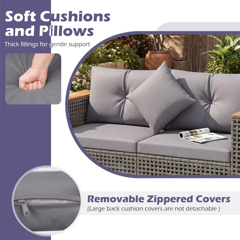 62.5" Patio Wicker Loveseat w/ Acacia Wood Armrests & Cup Holders, 2PCS Modular Rattan Corner Sectional Sofa w/ Cushions & Pillows for Backyard