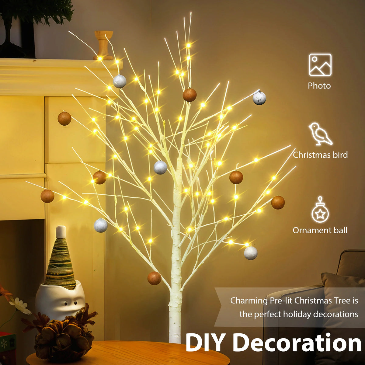 AECOJOY Set of Lighted Birch Tree, 4FT/5FT/6FT LED Artificial Tree with Warm White Lights, Christmas Tree for Decoration