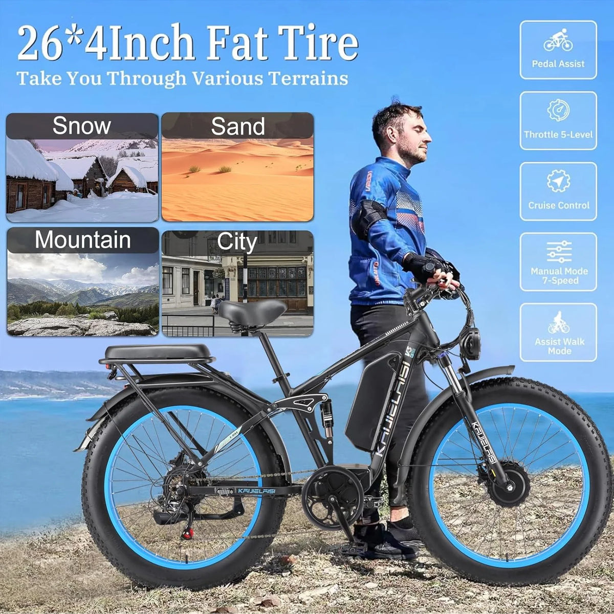 KAIJIELAISI Electric Bike for Adults, AWD Ebikes Dual Motor Peak 6000W, 26'' Fat Tire Bikes with 52V 26AH Battery Hydraulic Brake ??electric Bicycle, 7 Speed Mountain Ebike UL 2849