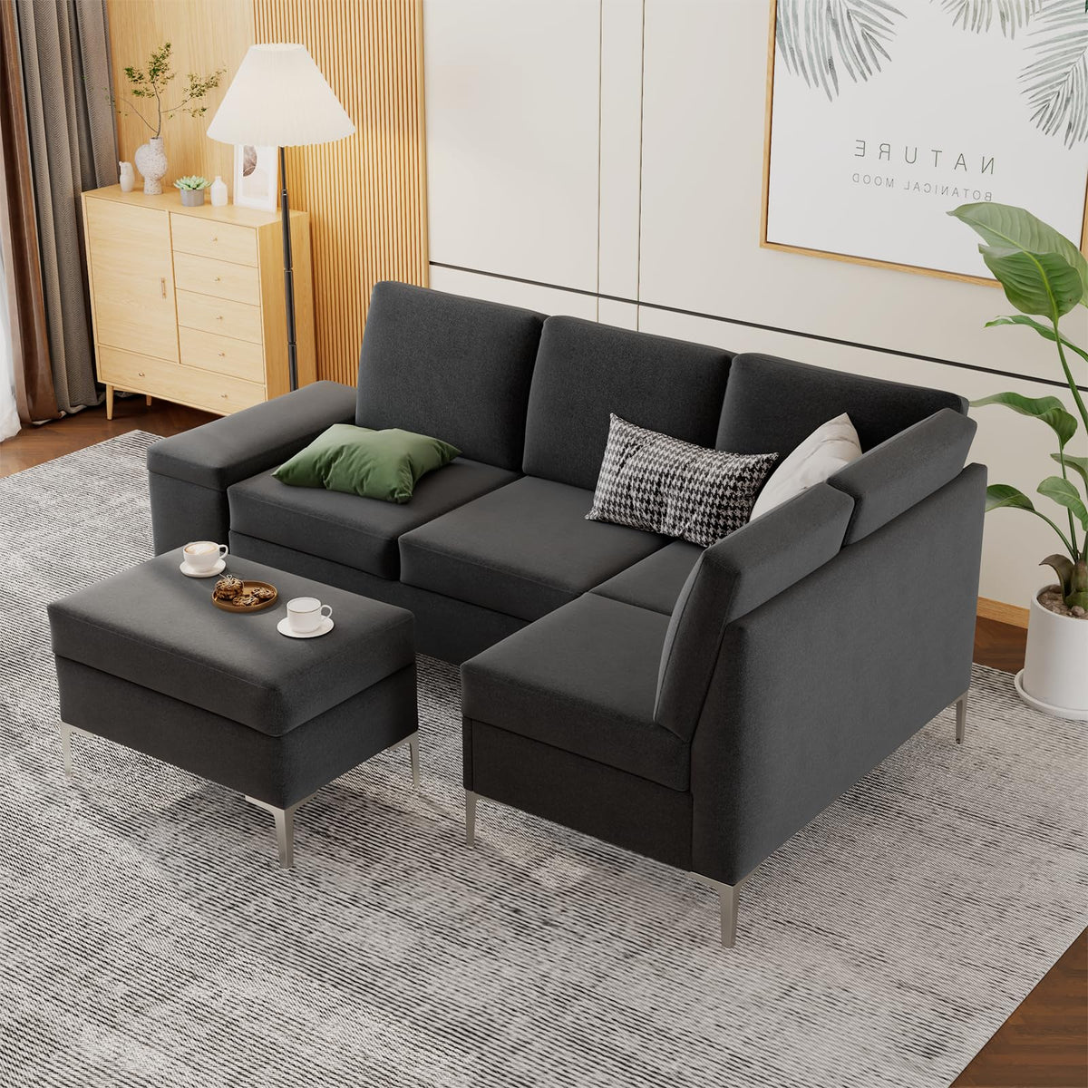 AECOJOY 87" Sectional Couch with Ottoman, Convertible Corner Couches with Armrest Storage, Black