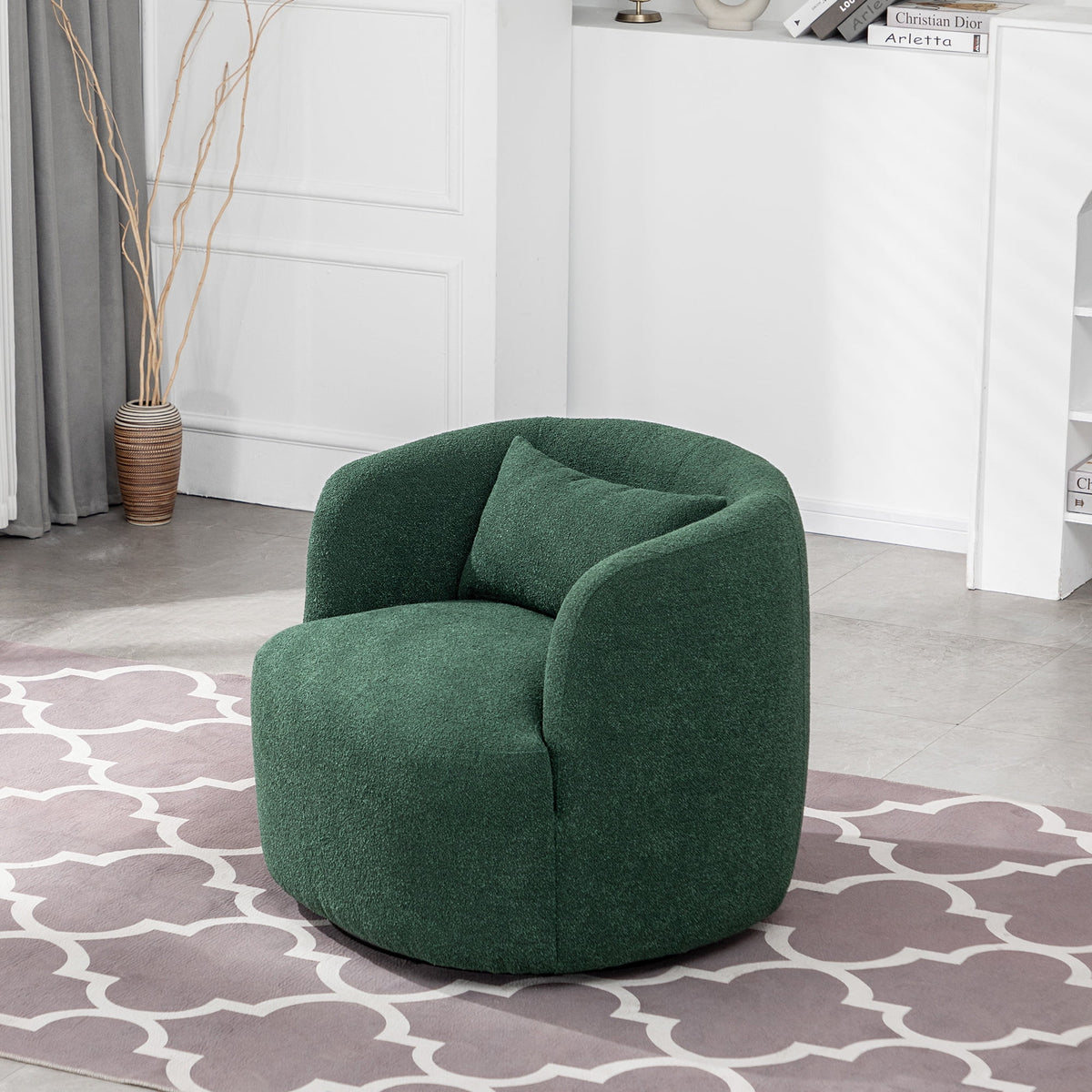 34" Wide Boucle Swivel Barrel Chair, No Assembly Round Upholstered Armchair Accent Chair Single Sofa Chair with Toss Pillow for Living Room and Bedroom, Taupe