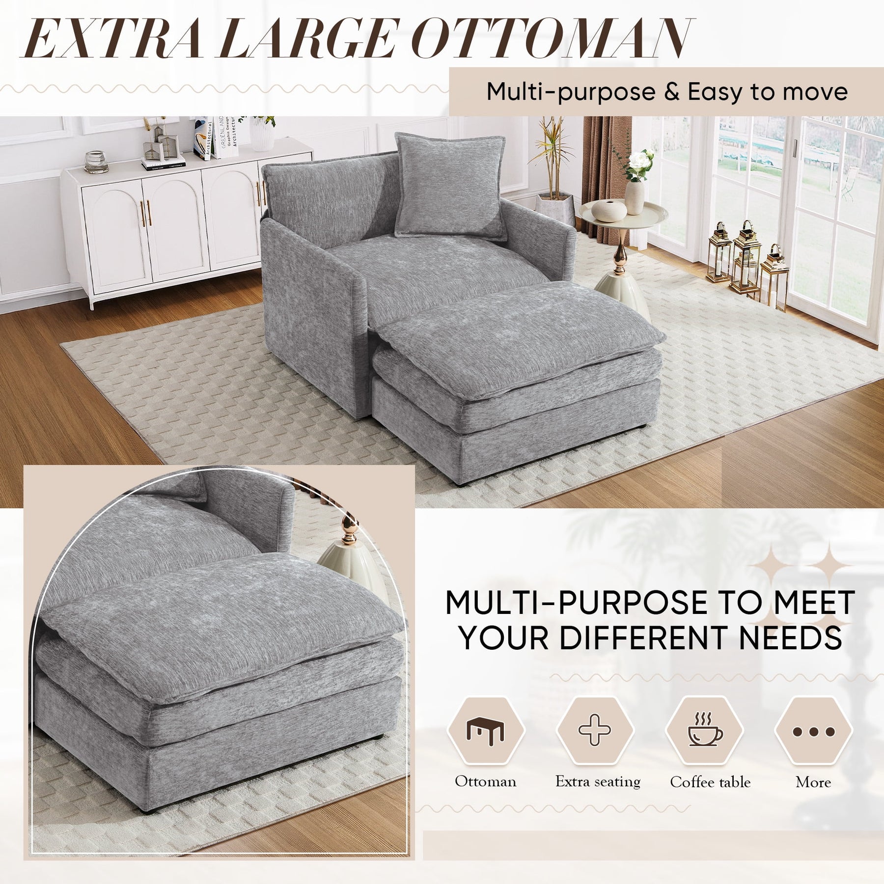 Muumblus Oversized Lounge Chair with Ottoman, Cloud Accent Armchair for Living Room, Beige Chenille