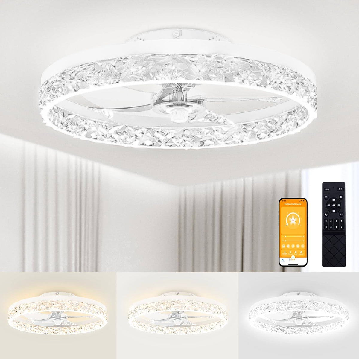VOLISUN Modern Ceiling Fans with Lights and Remote, 19.7in Low Profile Ceiling Fan Flush Mount, 3000K-6500K Dimmable Bladeless LED Fan Light, White