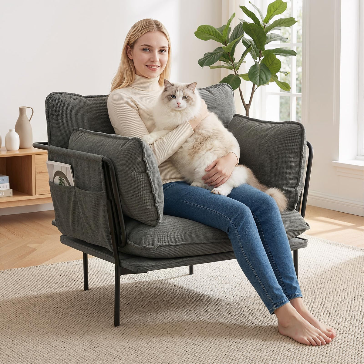 AECOJOY Modern Accent Chair Reading Chair with Pillow Upholstered Armchair for Adults