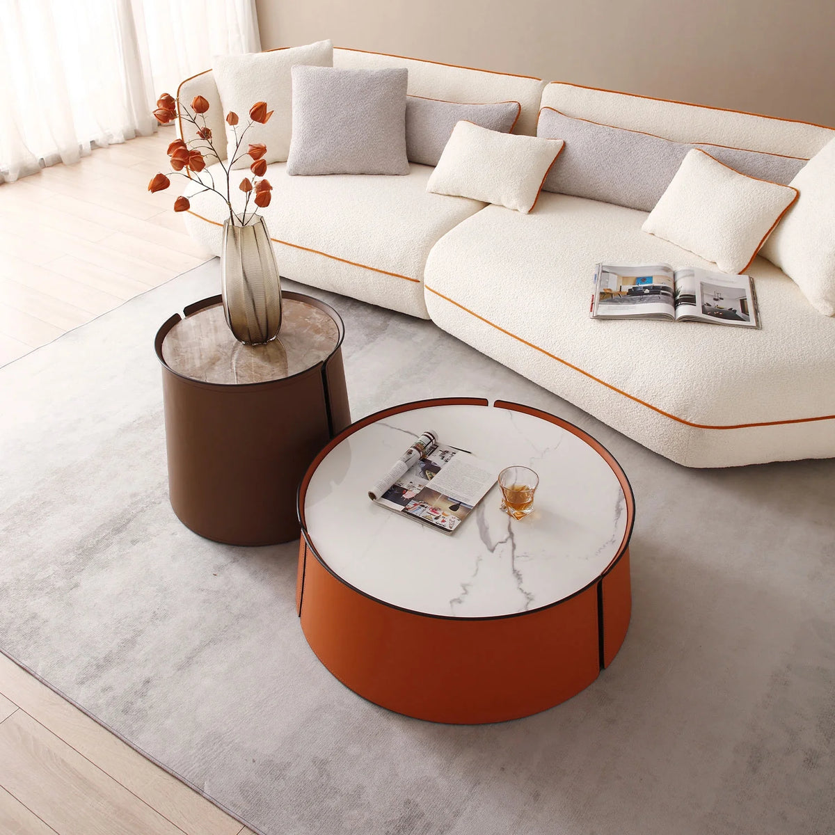 31.5 in Coffee Table, Marble Top+Orange Saddle Leather Body+Iron Frame