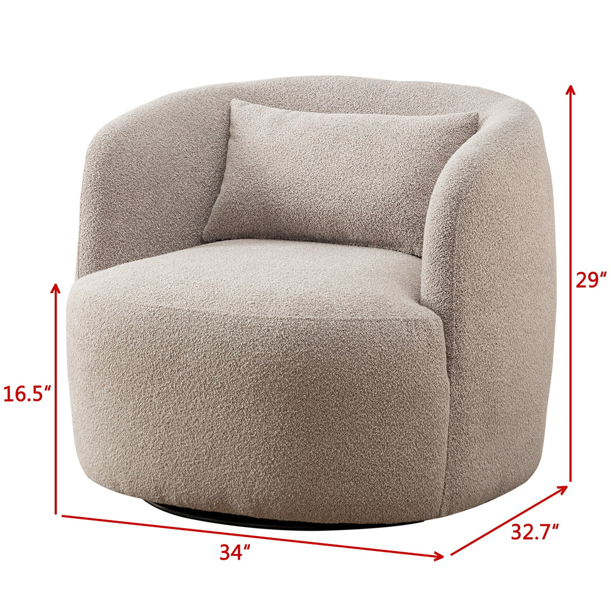 34" Wide Boucle Swivel Barrel Chair, No Assembly Round Upholstered Armchair Accent Chair Single Sofa Chair with Toss Pillow for Living Room and Bedroom, Taupe