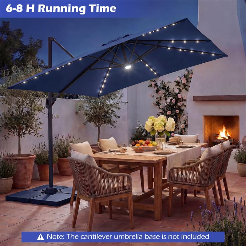 10 FT Cantilever Patio Umbrella with 32 Solar LED Lights, 360° Rotation & Easy Tilt, Square Outdoor Offset Hanging Umbrella with Cross Base