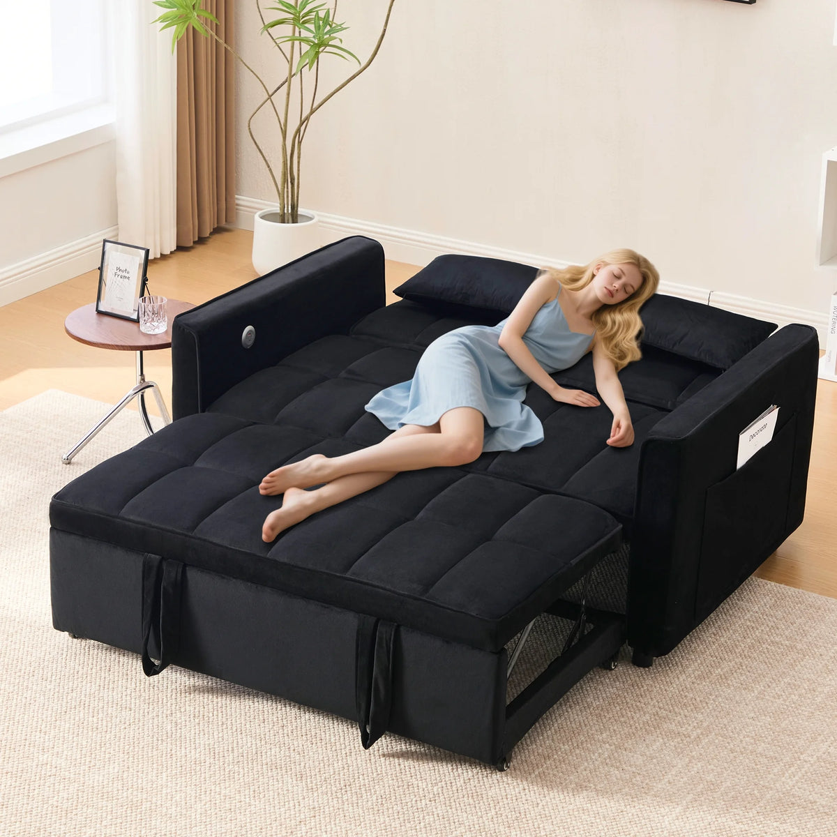 Velvet 3 - in - 1 Convertible Sofa Bed - USB Charging, Adjustable Backrest Pull - Out Couch Loveseat Sleeper for Living Room, Apartment & Small Space, Black