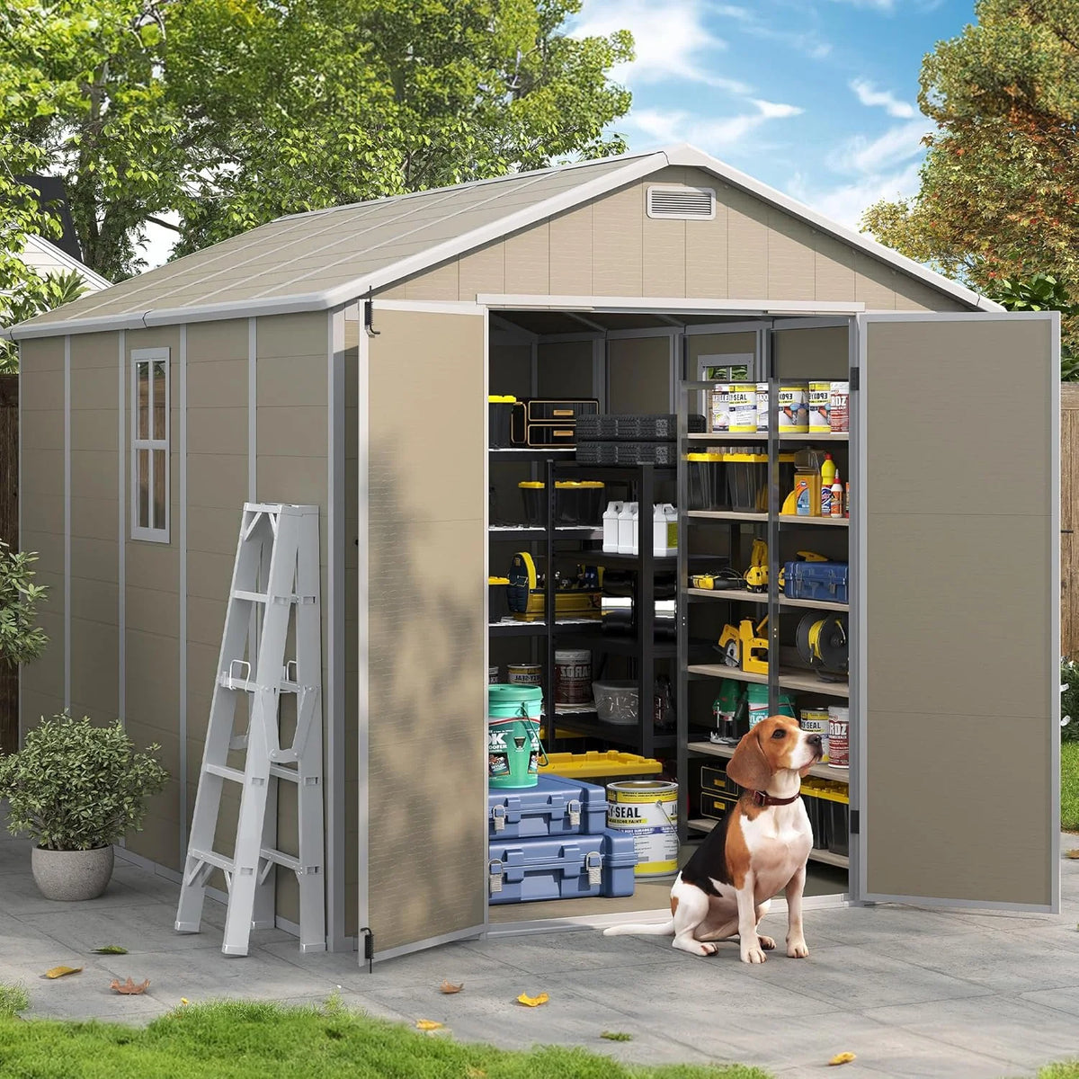 ELPOSUN Outdoor Storage Shed 6x4.5 Ft, Resin Outside Sheds & Outdoor Storage Plastic for Trash Can, Bike, Lawnmower, Generator, Tool Shed with Lockable Door for Backyard, Lawn, Patio, Grey & White
