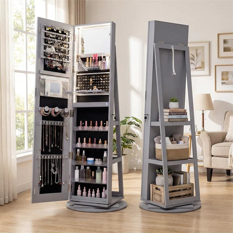 360° Swivel Jewelry Cabinet Armoire w/ Full Length Mirror 3-Color LED Lights & Rear Shelves, Lockable Standing Jewelry Storage Organizer