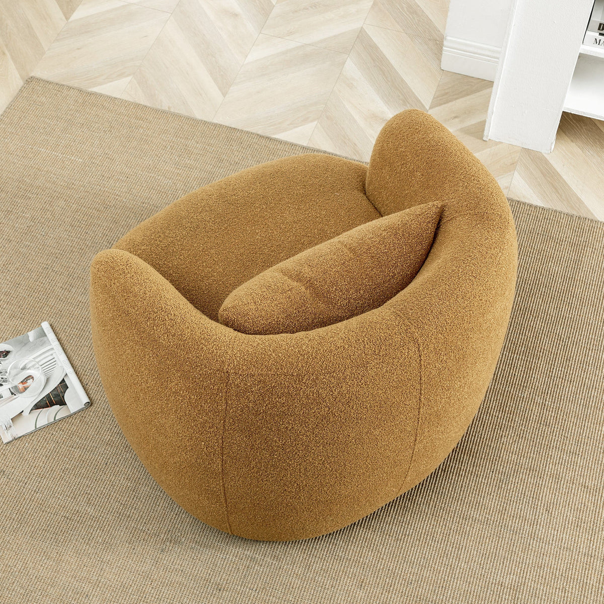 34" Wide Boucle Swivel Barrel Chair, No Assembly Round Upholstered Armchair Accent Chair Single Sofa Chair with Toss Pillow for Living Room and Bedroom, Taupe