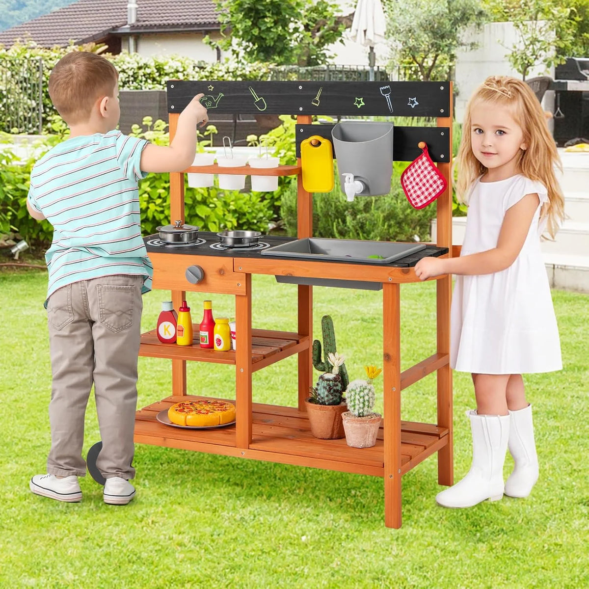 OLAKIDS Mud Kitchen, Outdoor Play Kitchen with Wheels 3 Cups Removable Sink Cooking Accessories Wooden Kids Kitchen Playset Backyard Garden Toys Gift for Boys Girls Ages 3+
