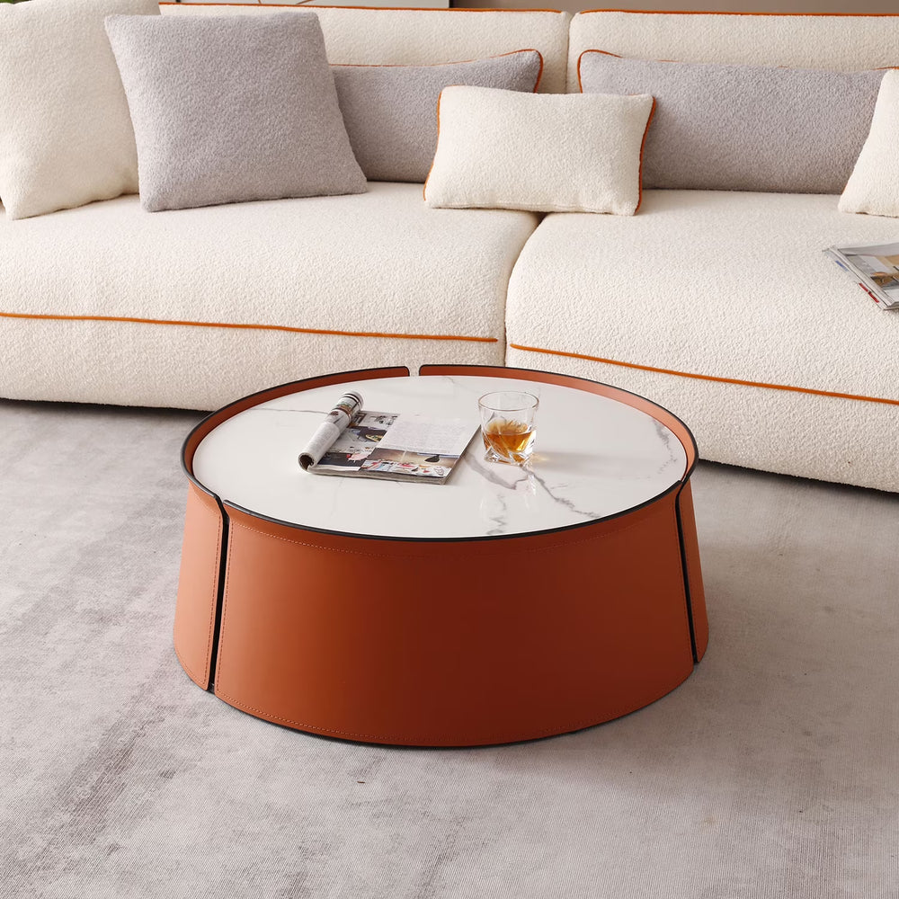 31.5 in Coffee Table, Marble Top+Orange Saddle Leather Body+Iron Frame